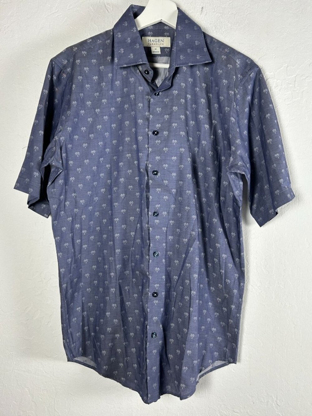 Hagen Mens Palm Tree Print Short Sleeve Button-Up Shirt Blue Medium 100% Cotton